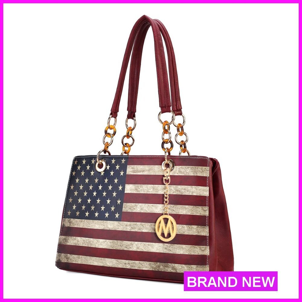 Vegan Leather Shoulder Bag Tote Satchel Designer Patriotic Pattern Gold Hardware